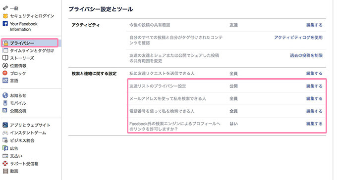 Facebookのプライバシー設定