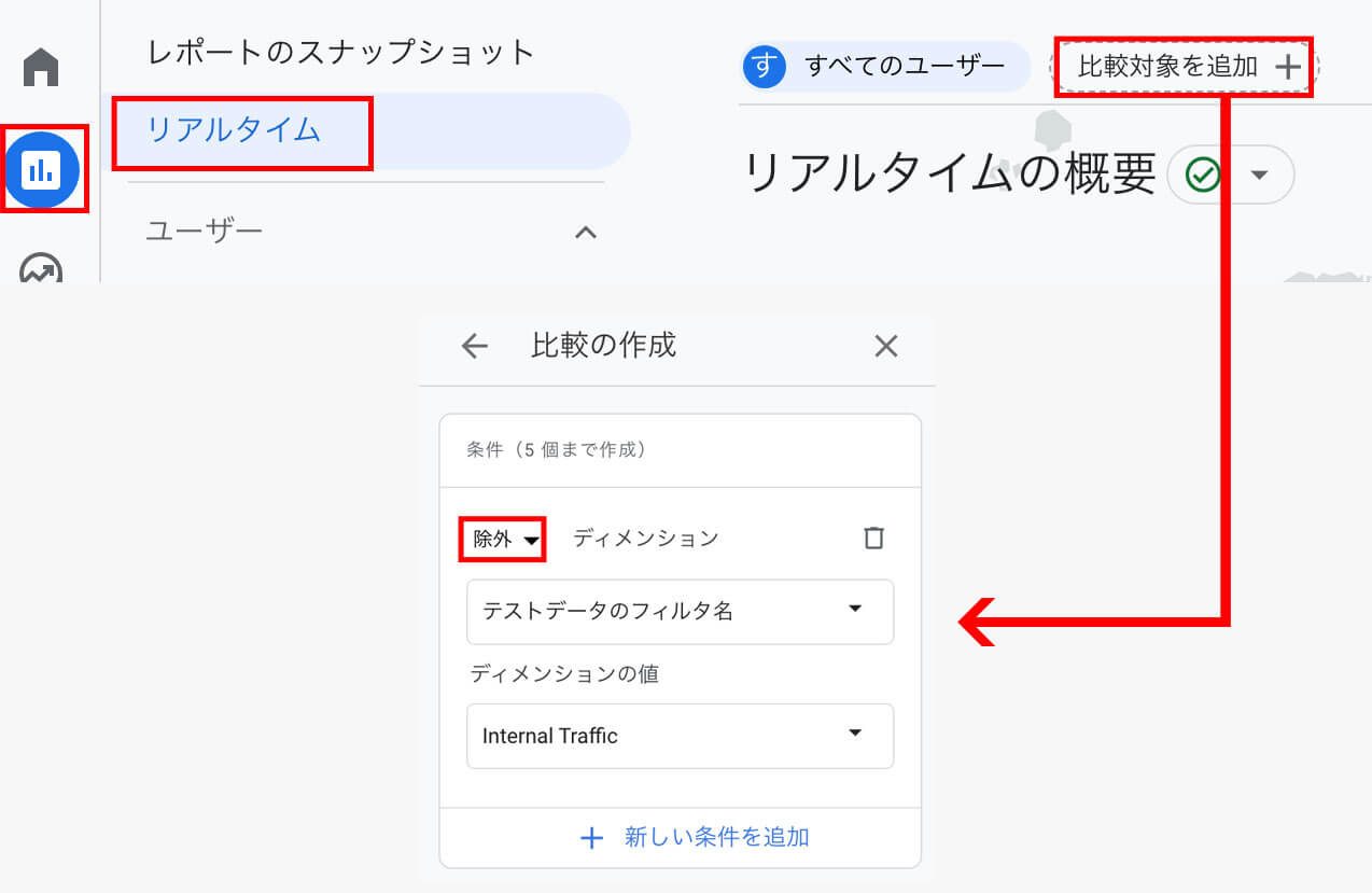 レポート＞リアルタイム＞比較対象を追加から比較を作成する